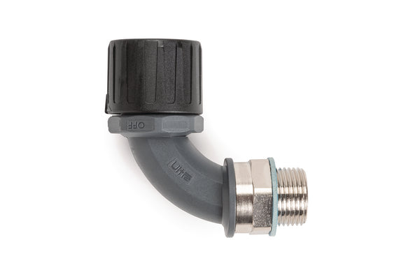 Hellermann Tyton 166-90826 HelaGuard® Non-Metallic 21mm IP68 Ultra Fitting, 90-Elbow Brass Swivel, Ext M20 Thread, NPB, PA66, Black, 10/pkg