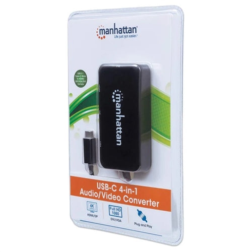 Manhattan 152600 USB Type-C 4-in-1 Audio/Video Converter, USB 3.1 Type-C Male to HDMI, DP, VGA, DVI-I Female, Black