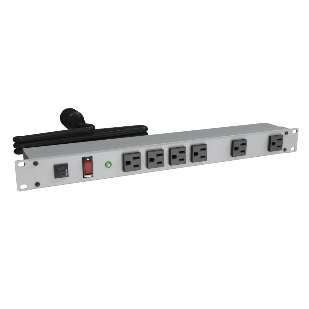 Hammond 1582H6D1S Rack Mount Power Bar 6-Outlets On Front with Surge 15 Amps, Gray, Lit On/Off Switch, 15' Cord, Locking Plug