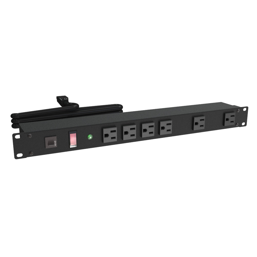 Hammond 1582T6A1SBK Rack Mount Power Bar 6-Outlets On Front with Surge 15 Amps, Pilot Light, 6' Cord, Straight Plug