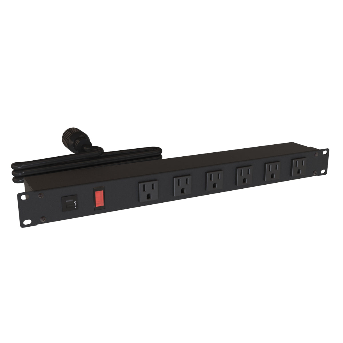 Hammond 1582T6D1BKRA Rack Mount Power Bar 6-Outlets On Front 15 Amps, Rotated Outlets, Pilot Light, 15' Cord, Locking Plug