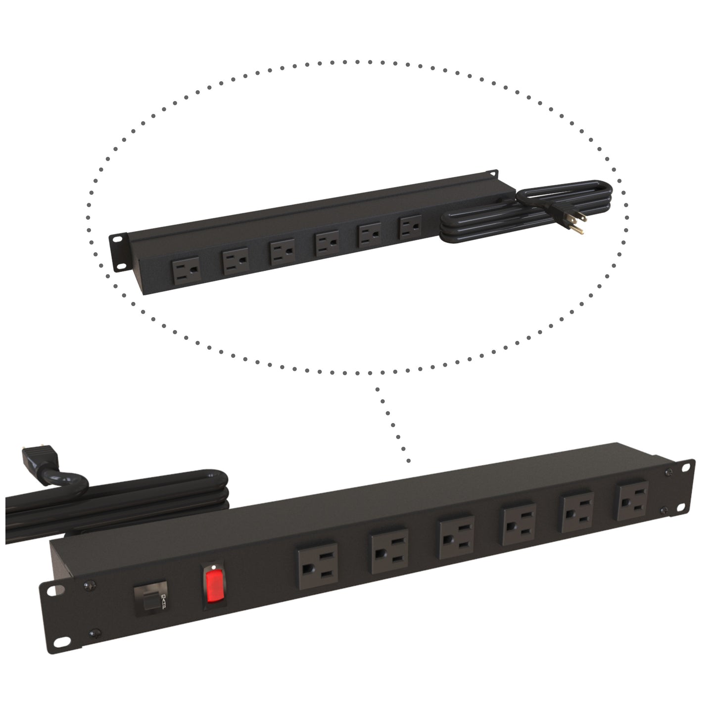 Hammond 1583H12A1BKX Rack Mount Power Bar 6-Outlets Front & Rear 15 Amps, Lit On/Off Switch, 6' Cord, Straight Plug