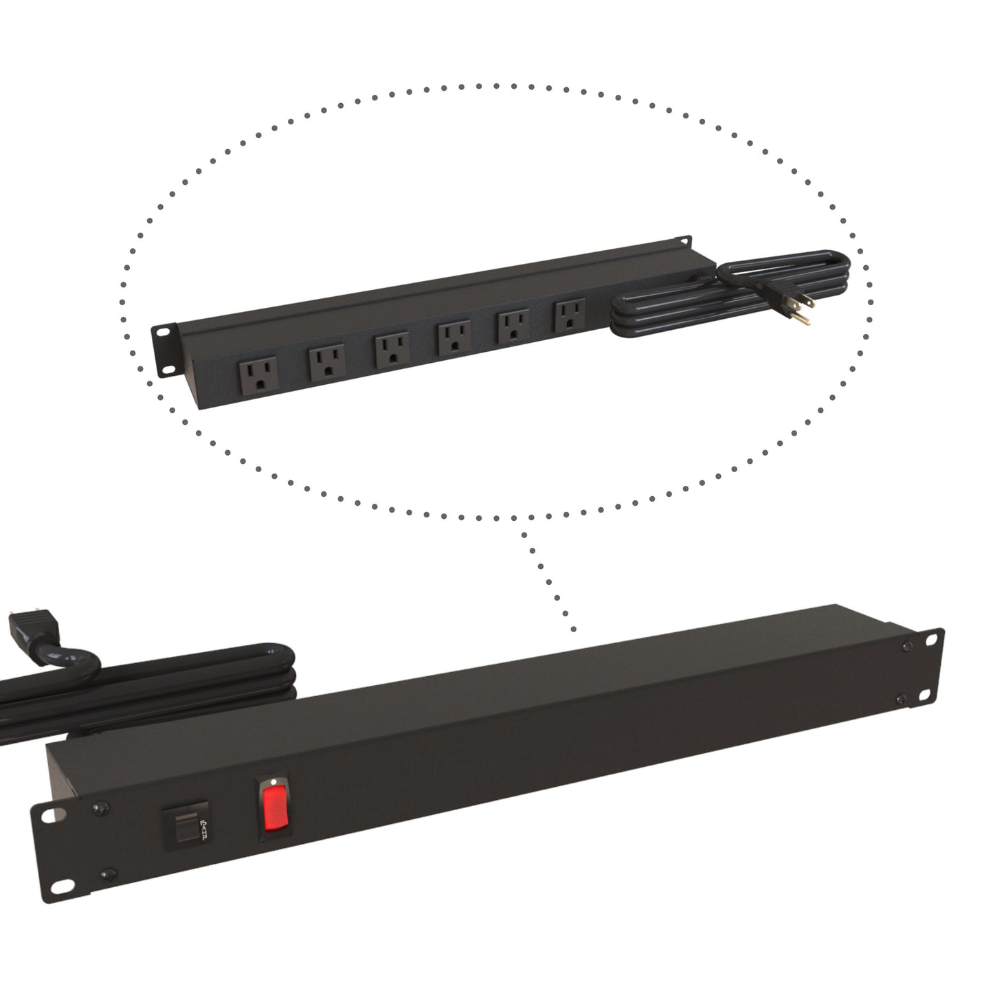 Hammond 1583H6A1BKRA Rack Mount Power Bar 6-Outlets On Rear 15 Amps, Rotated Outlets, Lit On/Off Switch, 6' Cord, Straight Plug