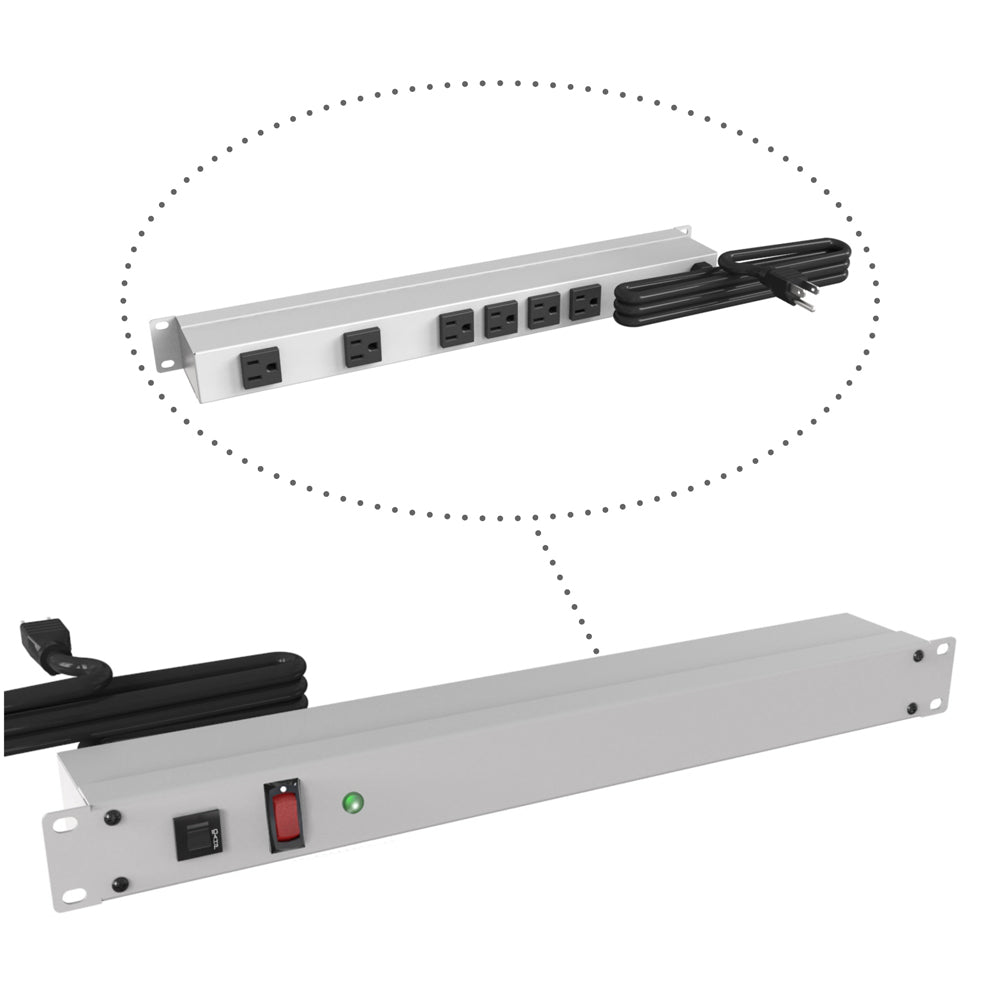 Hammond 1583H6A1S Rack Mount Power Bar 6-Outlets On Rear with Surge 15 Amps, Gray, Lit On/Off Switch, 6' Cord, Straight Plug