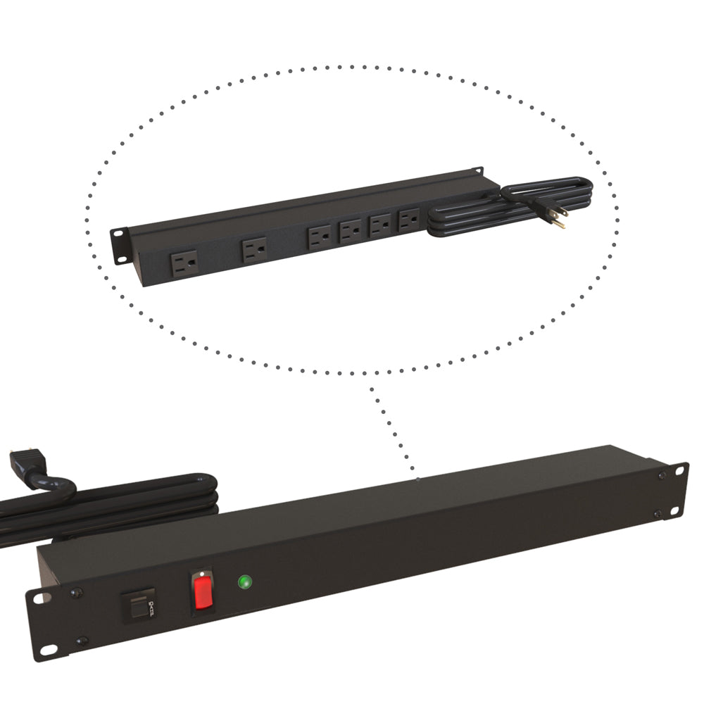 Hammond 1583H6B1SBK Rack Mount Power Bar 6-Outlets On Rear with Surge 15 Amps, Lit On/Off Switch, 15' Cord, Straight Plug