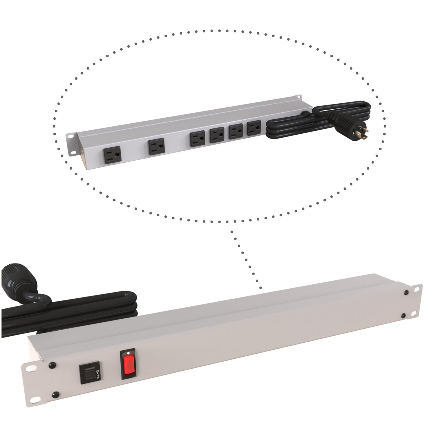 Hammond 1583H6C1 Rack Mount Power Bar 6-Outlets On Rear 15 Amps, Gray, Lit On/Off Switch, 6' Cord, Locking Plug