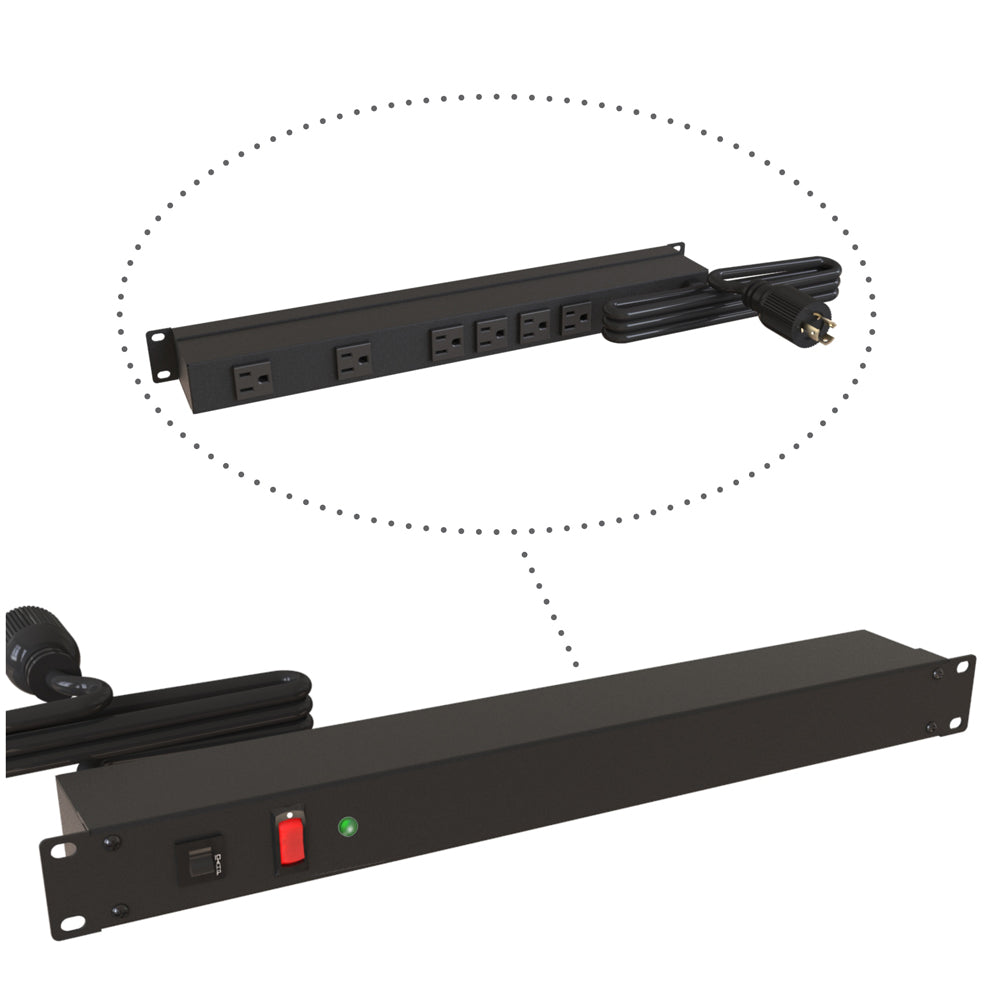 Hammond 1583H6D1SBK Rack Mount Power Bar 6-Outlets On Rear with Surge 15 Amps, Lit On/Off Switch, 15' Cord, Locking Plug