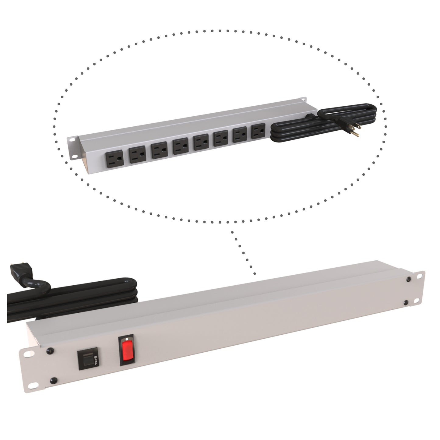 Hammond 1583H8B1 Rack Mount Power Bar 8-Outlets On Rear 15 Amps, Gray, Lit On/Off Switch, 15' Cord, Straight Plug