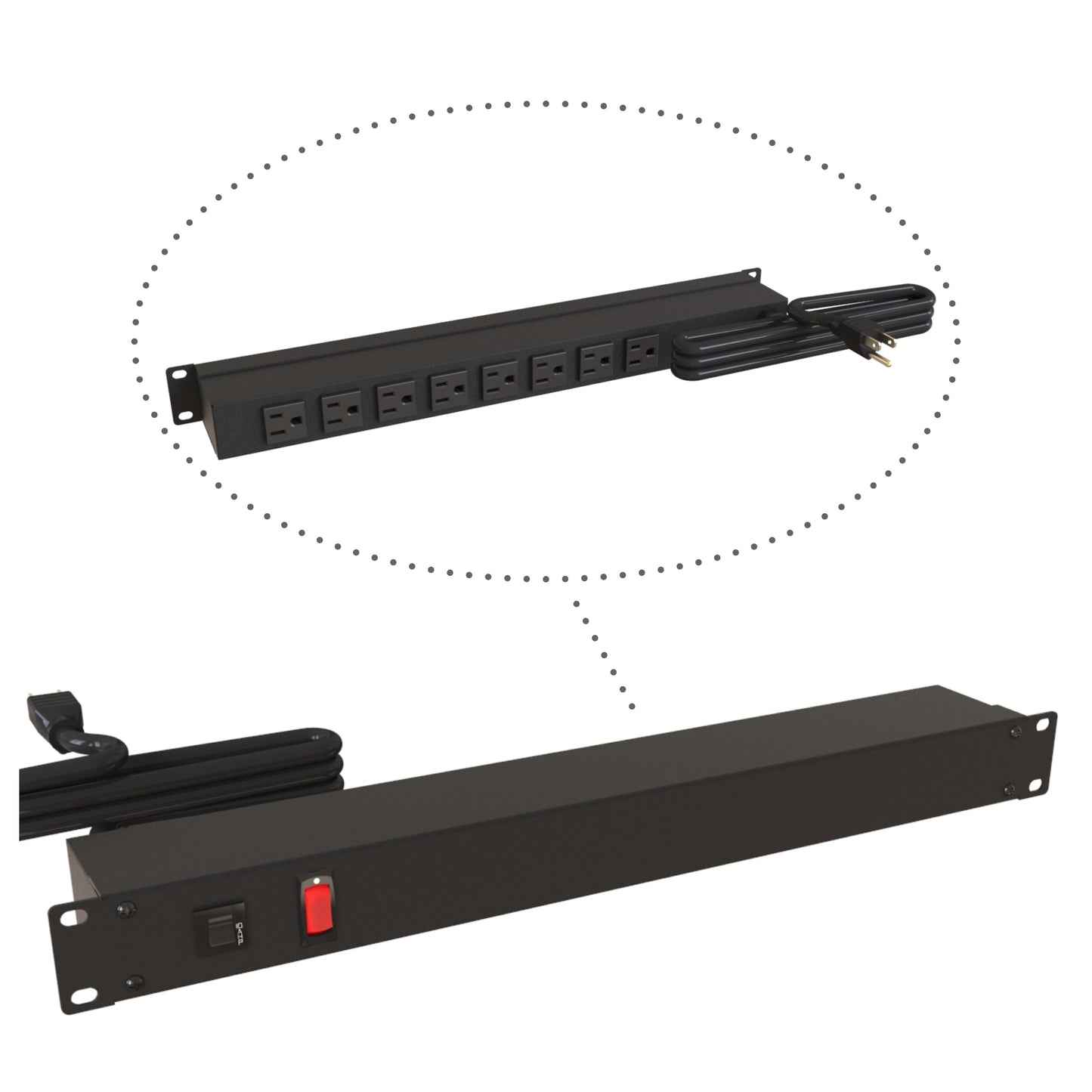 Hammond 1583H8B1BKV Rack Mount Power Bar 8-Outlets On Rear 15 Amps, Lit On/Off Switch, 15' Shielded Cord, Straight Plug