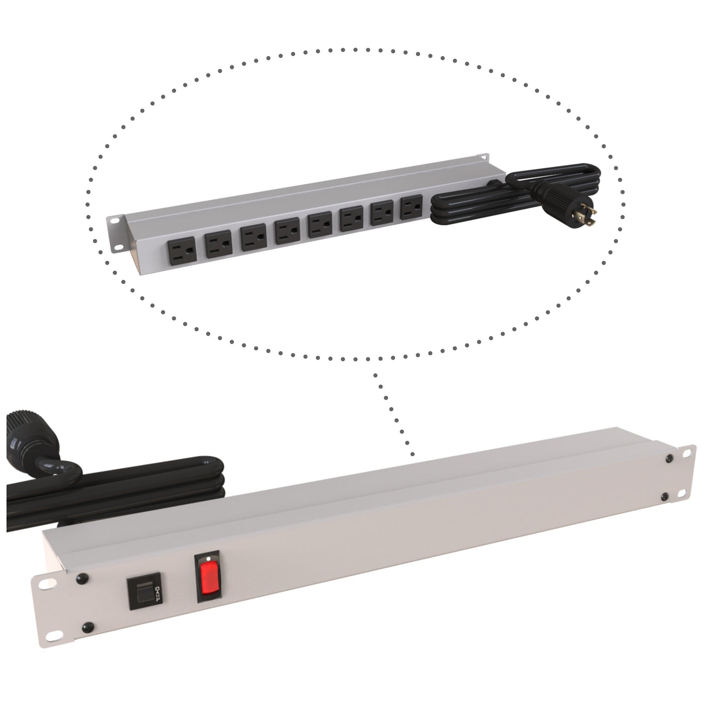 Hammond 1583H8C1 Rack Mount Power Bar 8-Outlets On Rear 15 Amps, Gray, Lit On/Off Switch, 6' Cord, Locking Plug