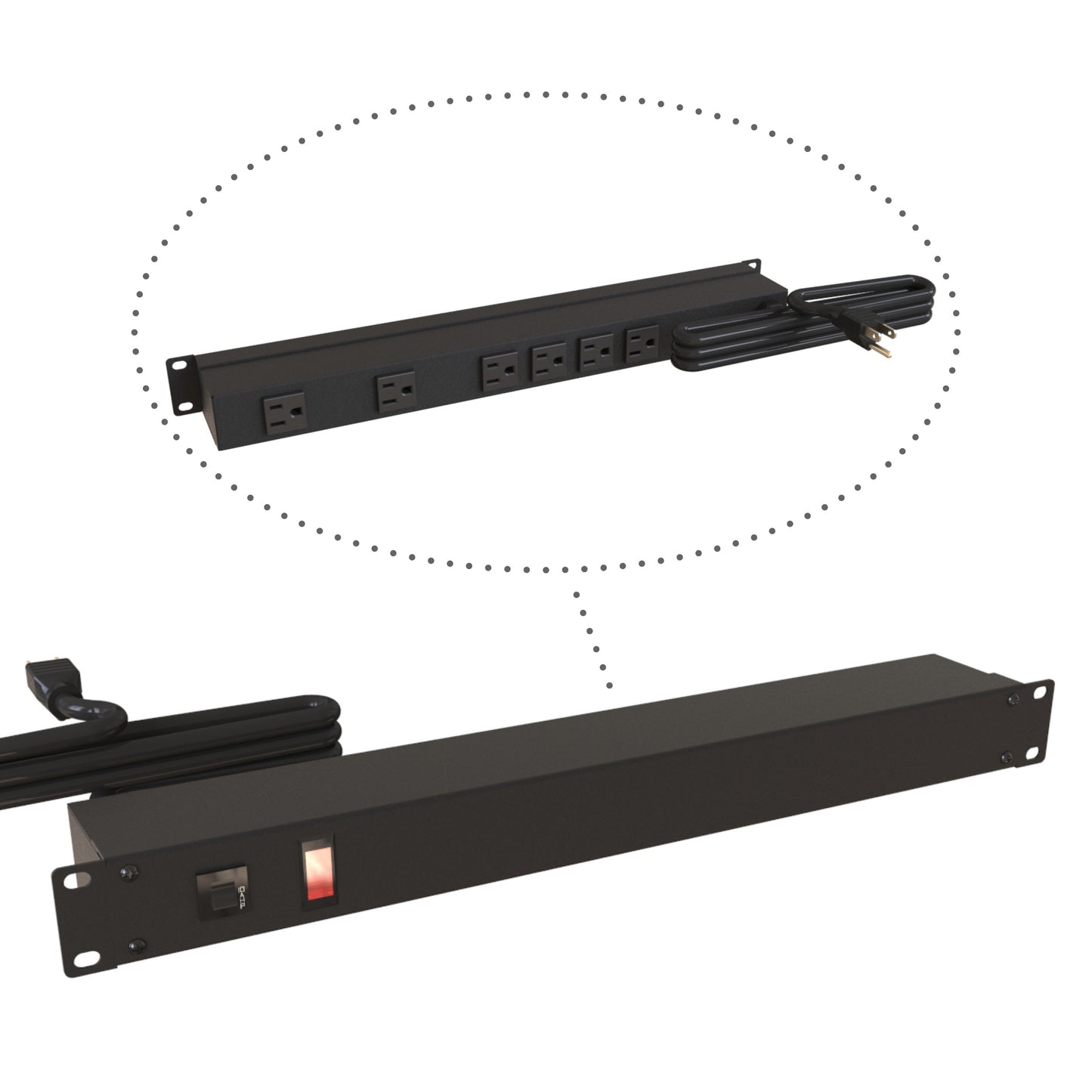 Hammond 1583T6B1BK Rack Mount Power Bar 6-Outlets On Rear 15 Amps, Pilot Light, 15' Cord, Straight Plug