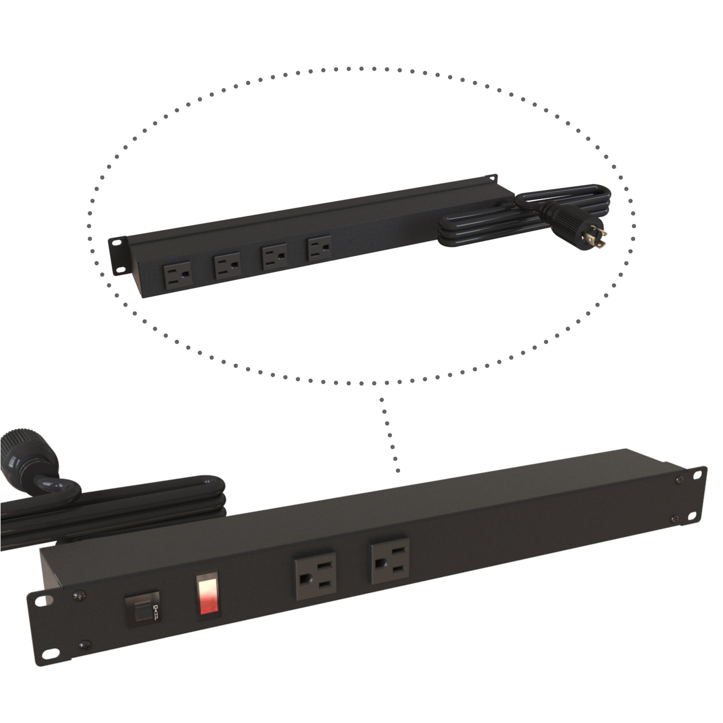 Hammond 1583T6D1BKX Rack Mount Power Bar 2-Outlets Front 4-Outlets Rear 15 Amps, Pilot Light, 15' Cord, Locking Plug