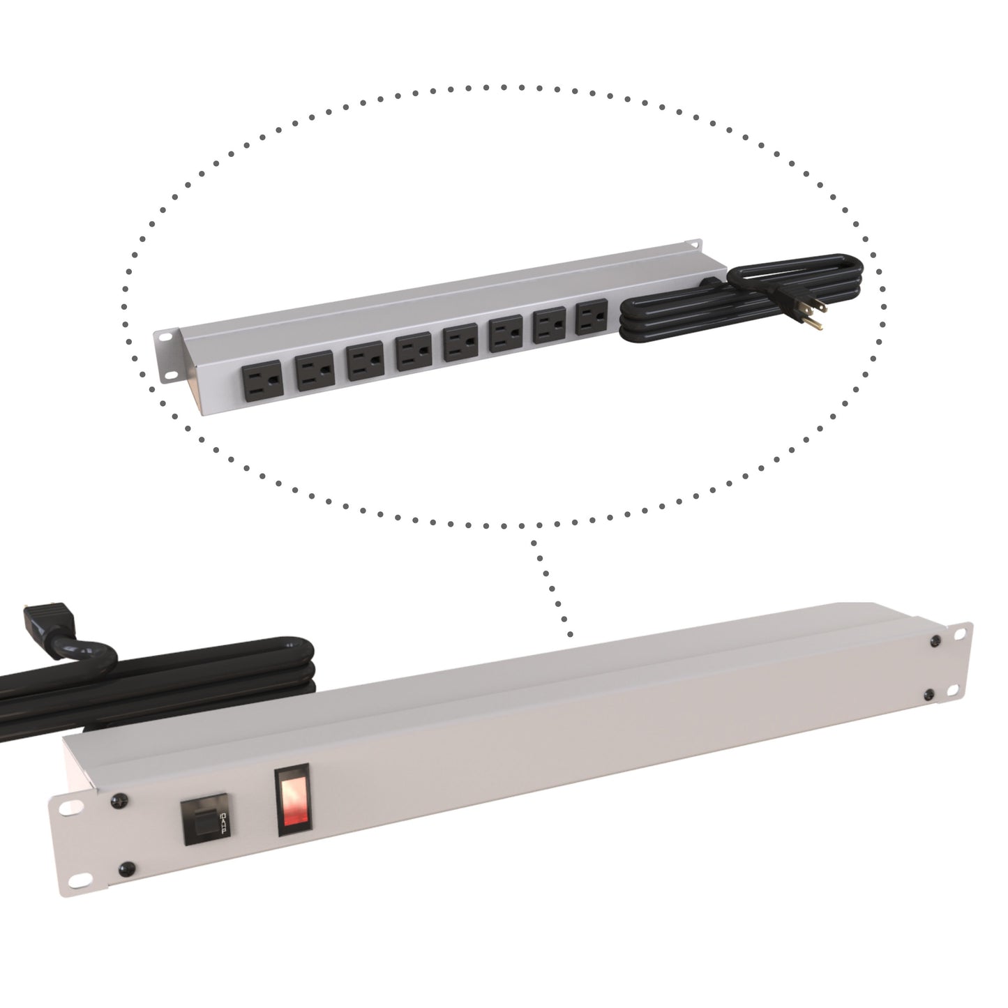 Hammond 1583T8A1 Rack Mount Power Bar 8-Outlets On Rear 15 Amps, Gray, Pilot Light, 6' Cord, Straight Plug