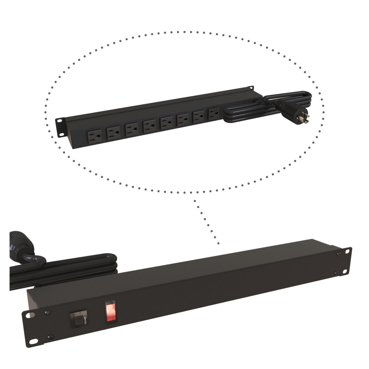 Hammond 1583T8C1BK Rack Mount Power Bar 8-Outlets On Rear 15 Amps, Pilot Light, 6' Cord, Locking Plug