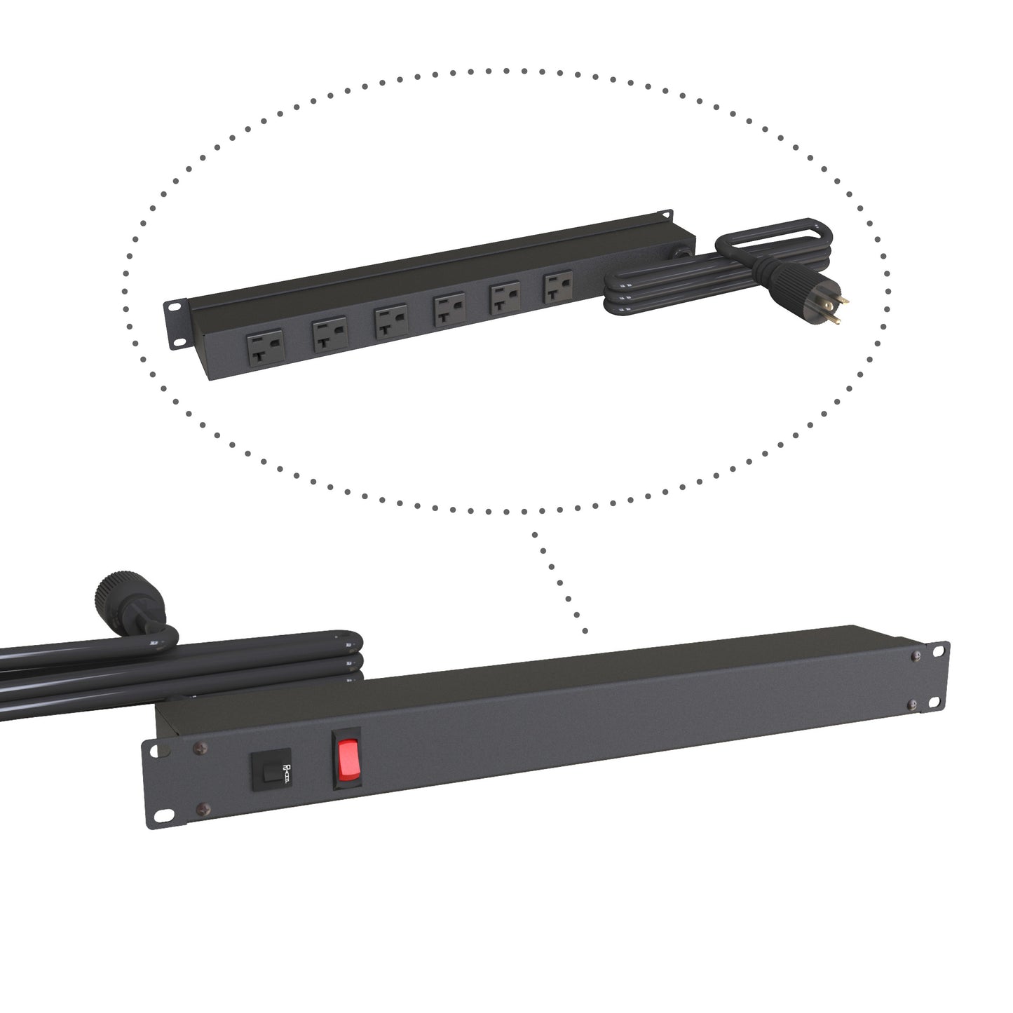 Hammond 1589H6G1BKRR Rack Mount Power Bar 6-Outlets On Rear 20 Amps, On/Off Switch, 15' Cord, Straight Plug
