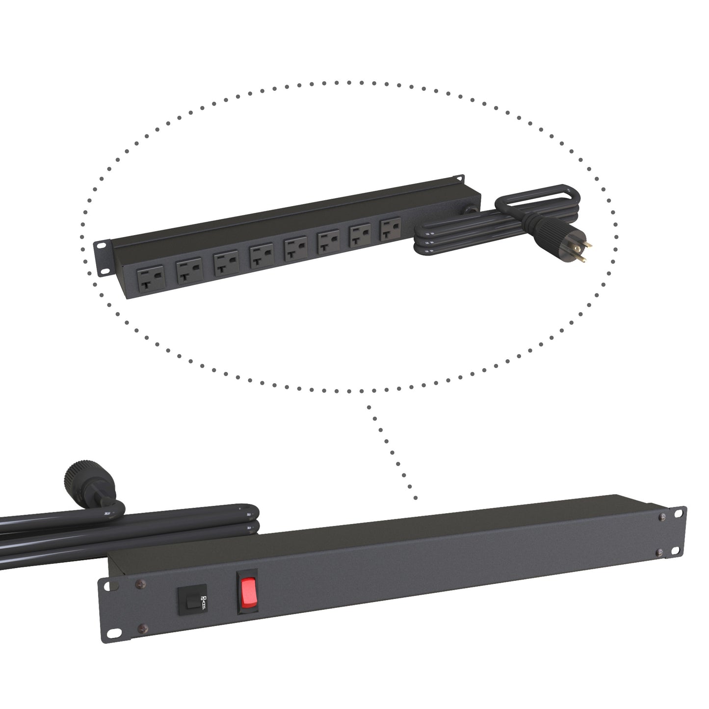 Hammond 1589H8G1BKRRV Rack Mount Power Bar 8-Outlets On Rear 20 Amps, On/Off Switch, 15' Shielded Cord, Straight Plug