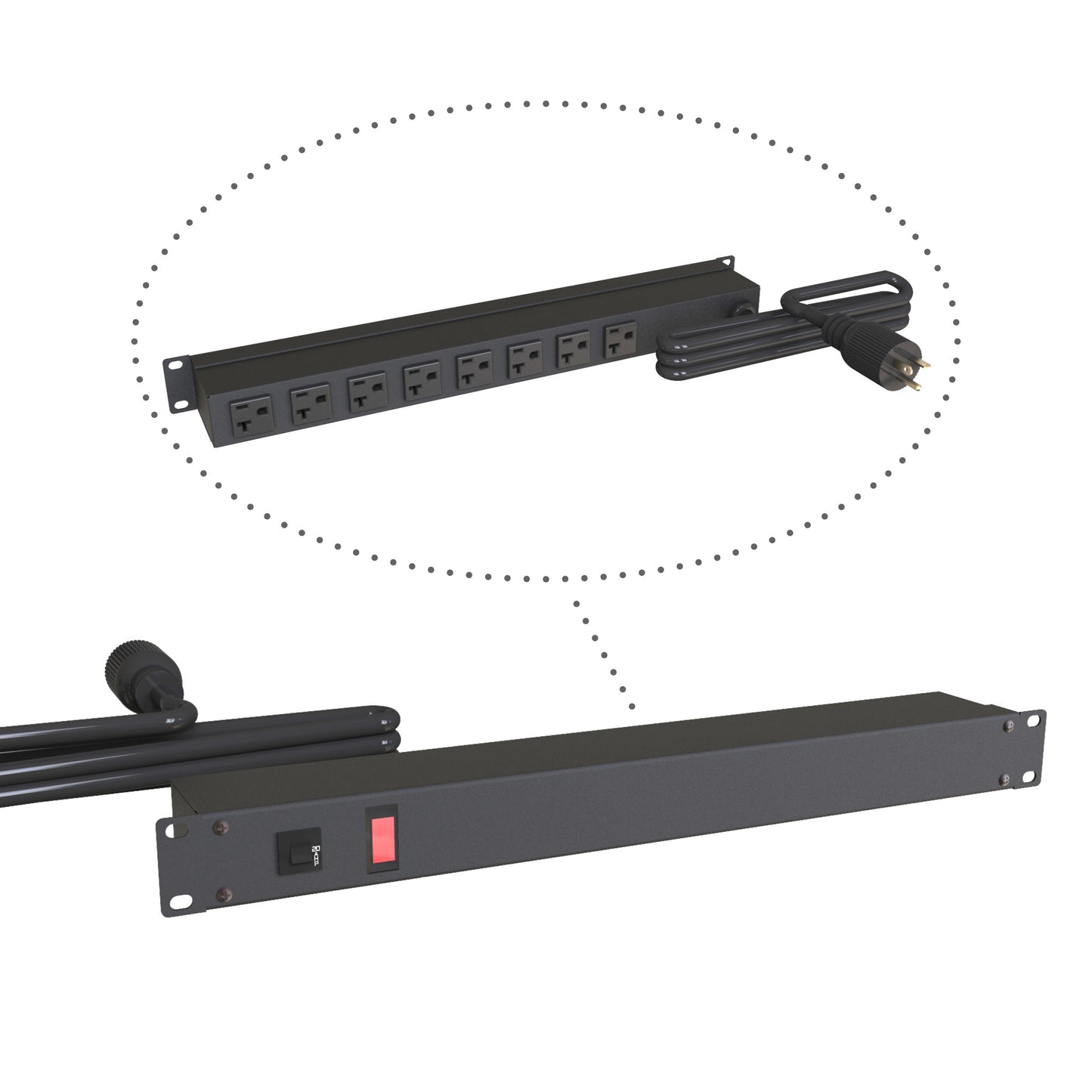 Hammond 1589T8G1BKRR Rack Mount Power Bar 8-Outlets On Rear 20 Amps, Pilot Light, 15' Cord, Straight Plug