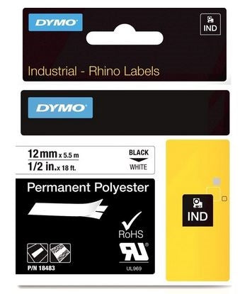 Dymo Rhino 18483 Permanent Polyester Label Black On White, 1/2" x 18'