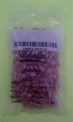 Molex 19003-0017 Red 22-18AWG .187" Female Quick Connector, Fully Nylon Insulated, 100/Pack
