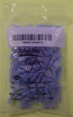 Molex 19003-0040 Blue 16-14AWG .250" Female Quick Connector, Fully Nylon Insulated, 100/Pack