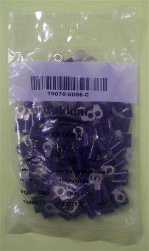 Molex 19070-0086 Blue 16-14AWG #8 Ring Terminal Connector, Vinyl Insulated, 100/Pack