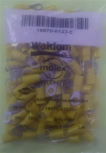 Molex 19070-0132 Yellow 12-10AWG 1/4" Ring Terminal Connector, Vinyl Insulated, 100/Pack