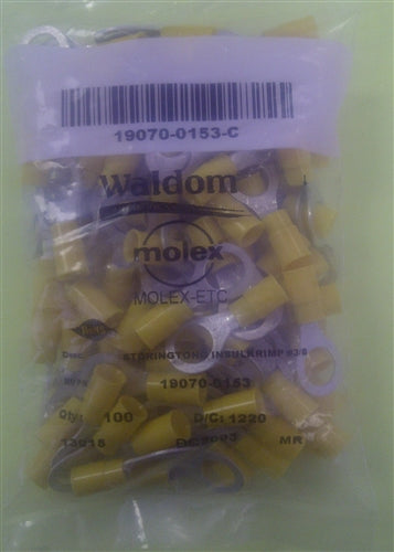 Molex 19070-0153 Yellow 12-10AWG 3/8" Ring Terminal Connector, Vinyl Insulated, 100/Pack