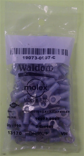 Molex 19073-0097 Blue 16-14AWG #10 Ring Terminal Connector, Nylon Insulated, 100/Pack