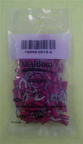 Molex 19099-0015 Red 22-18AWG #10 Locking Spade Connector / Fork Terminal, Vinyl Insulated, 100/Pack