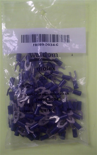 Molex 19099-0034 Blue 16-14AWG #10 Locking Spade Connector / Fork Terminal, Vinyl Insulated, 100/Pack