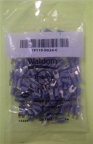Molex 19115-0024 Blue 16-14AWG #6 Locking Spade Connector / Fork Terminal, Nylon Insulated, 100/Pack