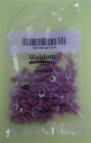 Molex 19139-0013 Red 22-18AWG #8 Spade Connector / Fork Terminal, Nylon Insulated, 100/Pack