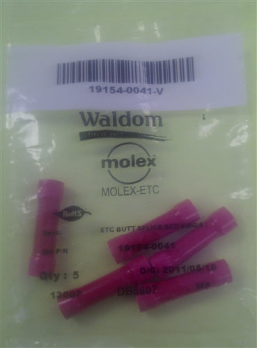 Molex 19154-0041 Red 8AWG Butt Splice Connector, Vinyl Insulated, 5/Pack