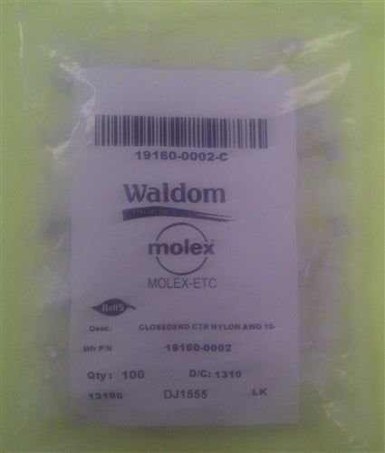 Molex 19160-0002 Closed End Connectors / Hat Crimps 22-10AWG, 100/Pack