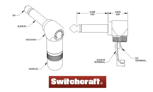 Switchcraft 226 2 Pole Mono 1/4" Right Angle Cable Mount Phone Plug, Nickel Plated