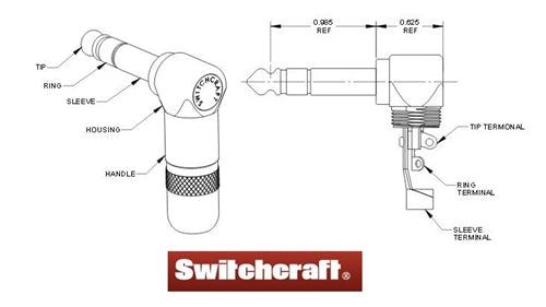 Switchcraft 236 3 Pole Stereo 1/4" Right Angle Cable Mount Phone Plug, Round Metal Handle with Solder Contacts