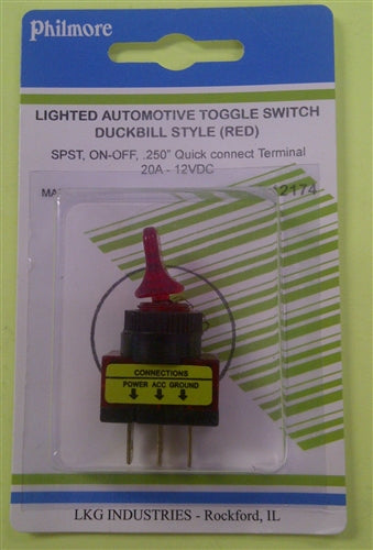 Philmore 30-12174 Automotive Toggle Switch SPST On-Off, 20A@12VDC, Red with QC Terminals *Not Rated for 120/220VAC*