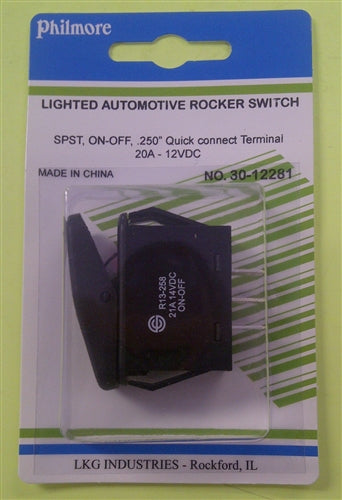 Philmore 30-12281 Automotive Rocker Switch SPST On-Off, 20A@12VDC, Red LED, QC Terminals *Not Rated for 120/220VAC*