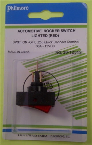 Philmore 30-12312 Automotive Rocker Switch SPST On-Off, 30A@12VDC, Red Lamp, QC Terminals *Not Rated for 120/220VAC*