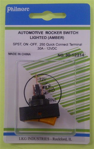 Philmore 30-12314 Automotive Rocker Switch SPST On-Off, 30A@12VDC, Amber Lamp, QC Terminals *Not Rated for 120/220VAC*