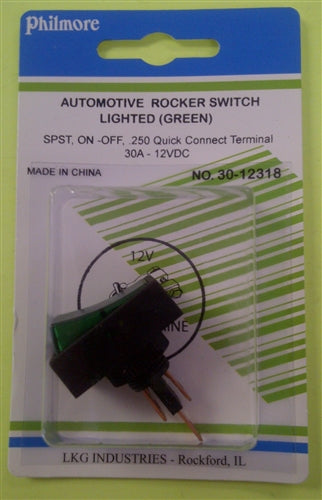 Philmore 30-12318 Automotive Rocker Switch SPST On-Off, 30A@12VDC, Green Lamp, QC Terminals *Not Rated for 120/220VAC*