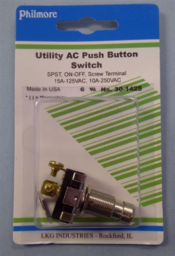 Philmore 30-1425 Heavy Duty Chrome Push Button Switch, SPST On-Off, 15A@125VAC / 10A@250VAC, Screw Terminals