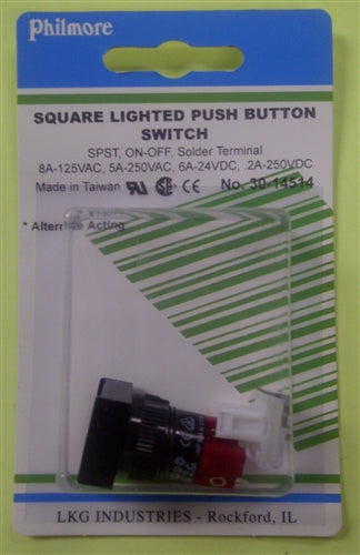 Philmore 30-14514 Square Lighted Push Button Switch, SPST Off-On, 8A@125VAC / 5A@250VAC / 6A@24VDC, Solder Tabs
