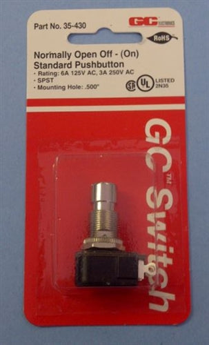GC 35-430 Standard Push Button Switch SPST Off-(On) Normally Open, 6A@125VAC / 3A@250VAC, Solder Terminals