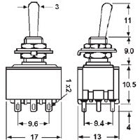 Mode 41-252-1 Standard Sub-Miniature Toggle Switch, 3PDT On-Off-On, 6A@125VAC, Solder Terminals