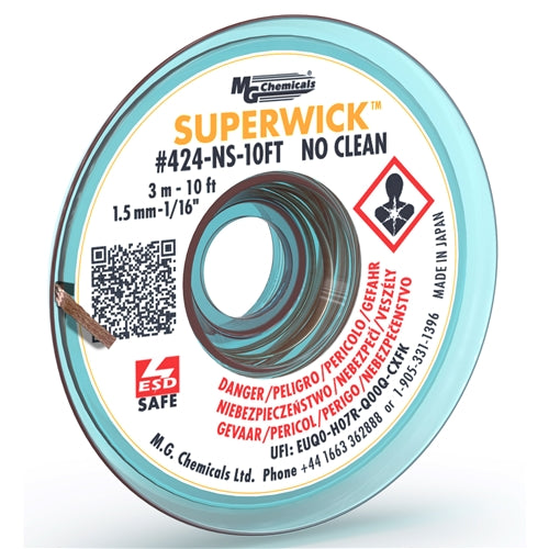 MG Chemicals 424-NS-10FT No-Clean Super Wick #2 Yellow Desoldering Braid, 1.5mm 1/16", Static Free, 10 Feet