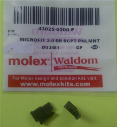 Molex 43025-0200 Micro-Fit 3.0 Receptacle Housing, Dual Row, 2 Position, UL 94V-0, Low-Halogen, Black