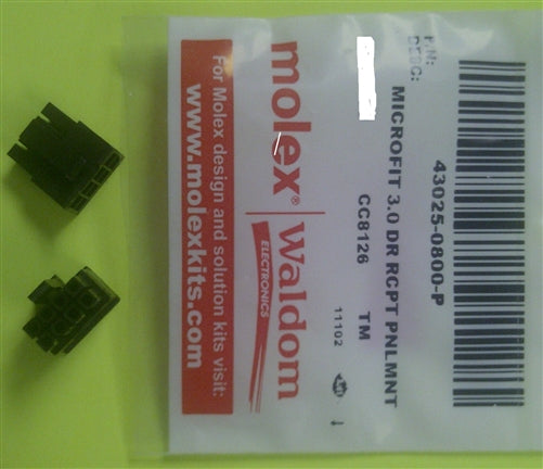 Molex 43025-0800 Micro-Fit 3.0 Receptacle Housing, Dual Row, 8 Position, UL 94V-0, Low-Halogen, Black