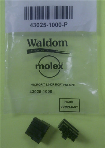 Molex 43025-1000 Micro-Fit 3.0 Receptacle Housing, Dual Row, 10 Position, UL 94V-0, Low-Halogen, Black