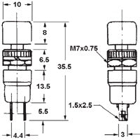 Mode 44-572-0 Push Button Switch, SPST Off-(On) N/O Momentary, 1A@125VAC, with Red Button, Solder Terminals